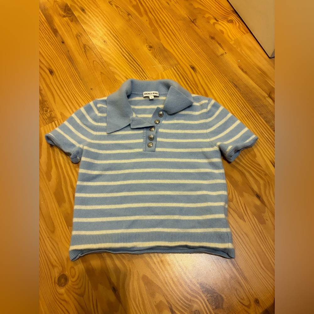 Veronica Beard, blue and ivory striped collared 100% cashmere top size small